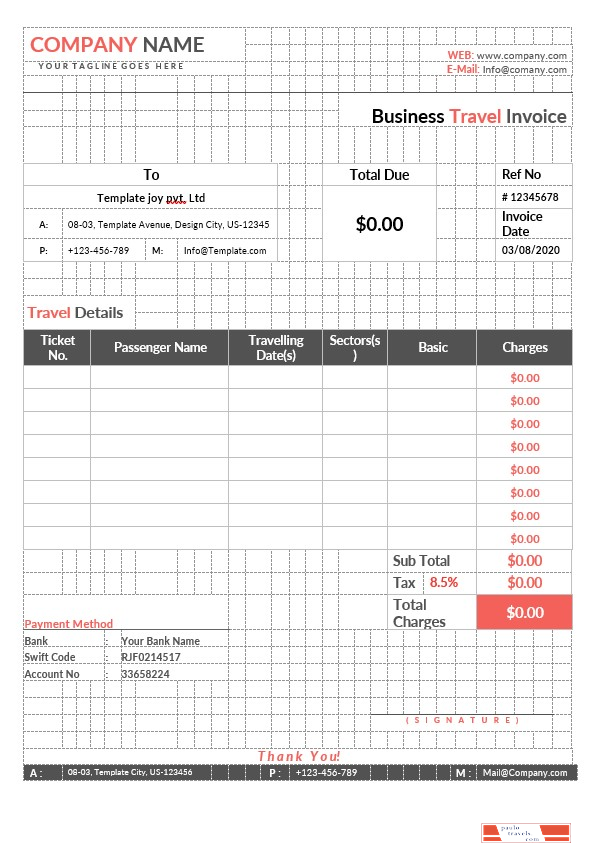 Business Travel Invoice Template PSD template